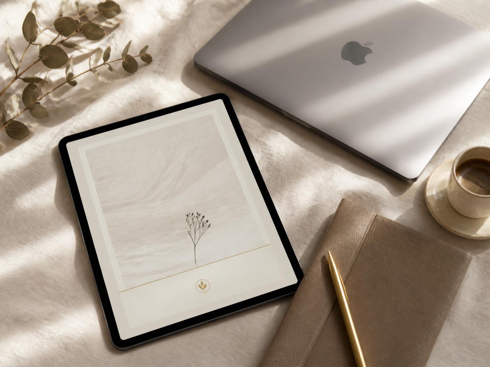 Executive Brand Blueprint workbook displayed on a tablet in a luxury desk flat lay